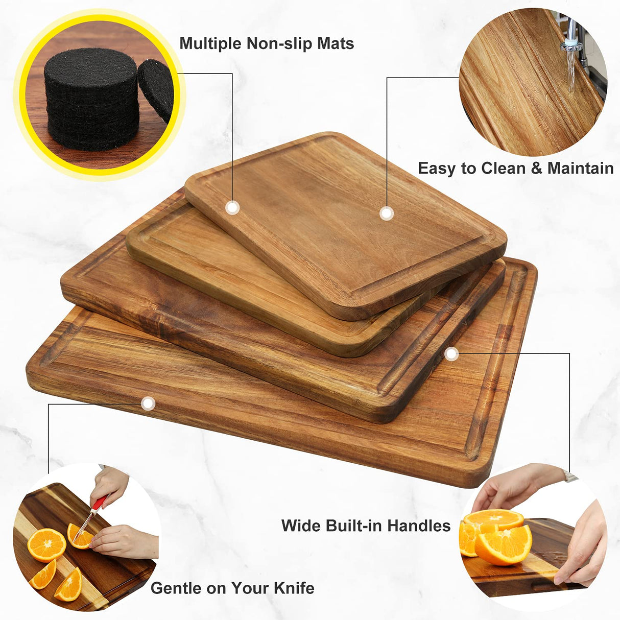 AZRHOM Large Wood Cutting Boards Set of 4 for Kitchen Cheese Charcuterie Board (Gift Box Included) Acacia Butcher Block with Non-slip Mats, Juice Groove and Handles (16x12, 14x10, double 11x8 inch) AZRHOM