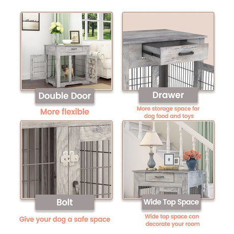 IchbinGo Wooden Furniture Style Dog Crate End Table, Double Doors Dog Kennel with Drawer, Rustic Style Decorative Dog House Cage Indoor Use, Easy Installation 29.92”L x 24.80” W x 30.71”H IchbinGo