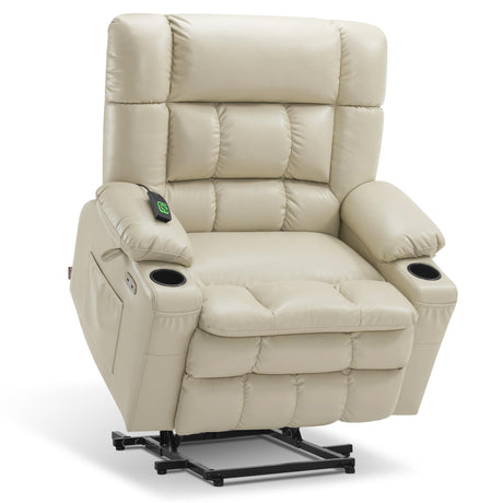 MCombo Dual Motor Power Lift Recliner Chair for Elderly, Lay Flat Lift Chair with Heat and Massage, Petite Wide Lift Chair, Cup Holders, USB A&C Ports, Faux Leather R7894 (Cream White, Small-Wide) MCombo