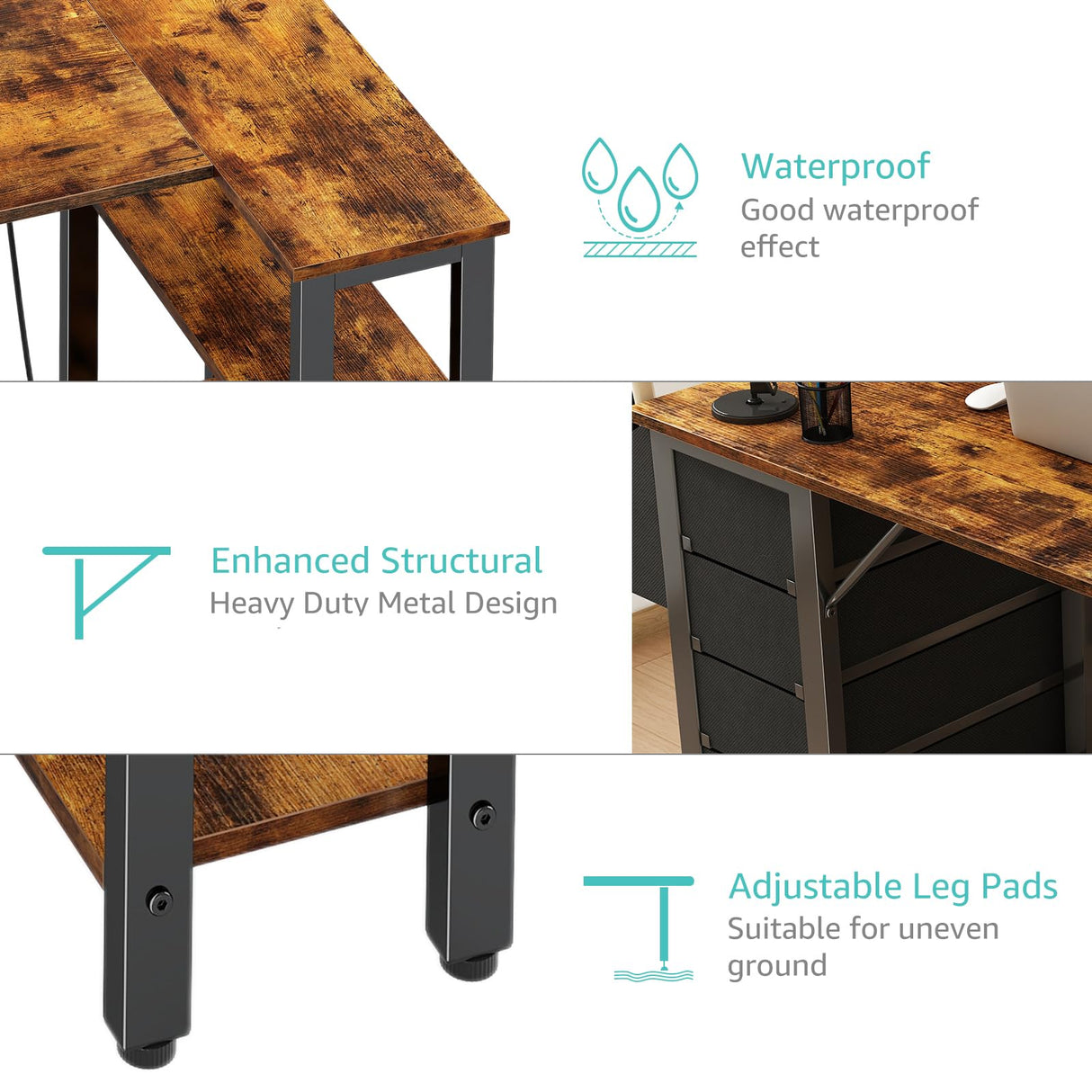 Lufeiya L Shaped Desk with Drawers & Storage Shelves, 47 Inch Corner Computer Desk with Power Outlet for Home Office Bedroom, L-Shaped Gaming PC Desks with Fabric Drawer, Rustic Brown Lufeiya