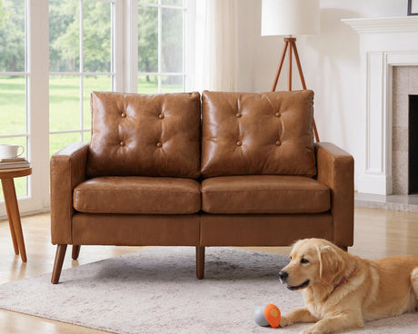 HNY Mid Century Modern 53” Loveseat Sofa, Comfy Upholstered Button Tufted Faux Leather 2 Seater Small Sofa Couch, Lounge Sleeper Love Seats for Small Spaces Living Room Apartment Bedroom, Brown HNY
