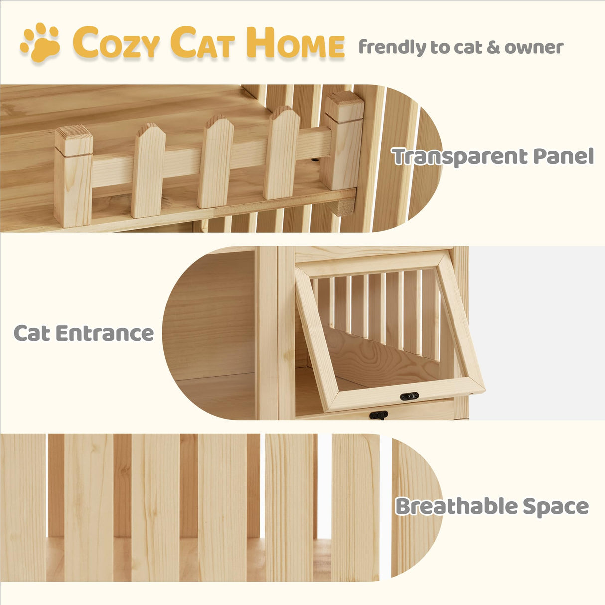 MCombo Wooden Cat Houses for Indoor Cats, Luxury Cat House with Scratching Pad, Lockable Doors, Wheels, CT090 MCombo