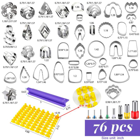 PTFJZ Polymer Clay Cutters for Earring Making 76pcs Clay Tools Set 67 Shapes Stainless Steel Clay Cutters with 8 Circle Shape Cutters 1 Letter Stamp PTFJZ