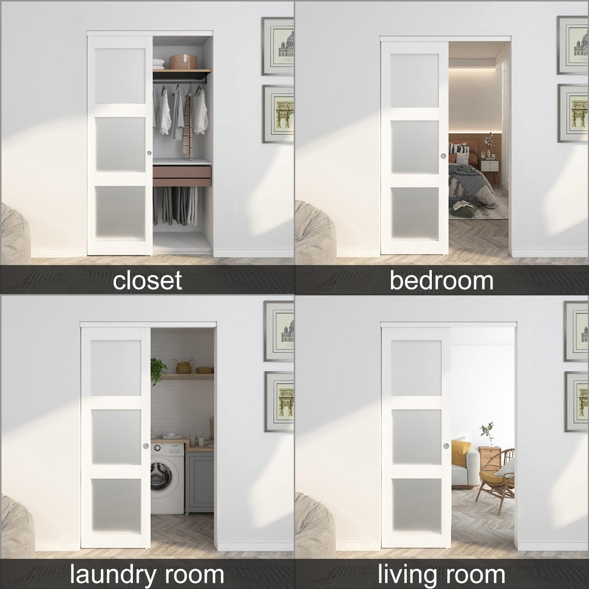 JUBEST Sliding Closet Door 48"(Double 24.5")x80", 3-Lite Frosted Glass Bypass Door with Hardware Kit & Matching Fascia, Pre-Drilled Solid Wood Slab with Water-Proof PVC Surface, Easy to Install, White JUBEST