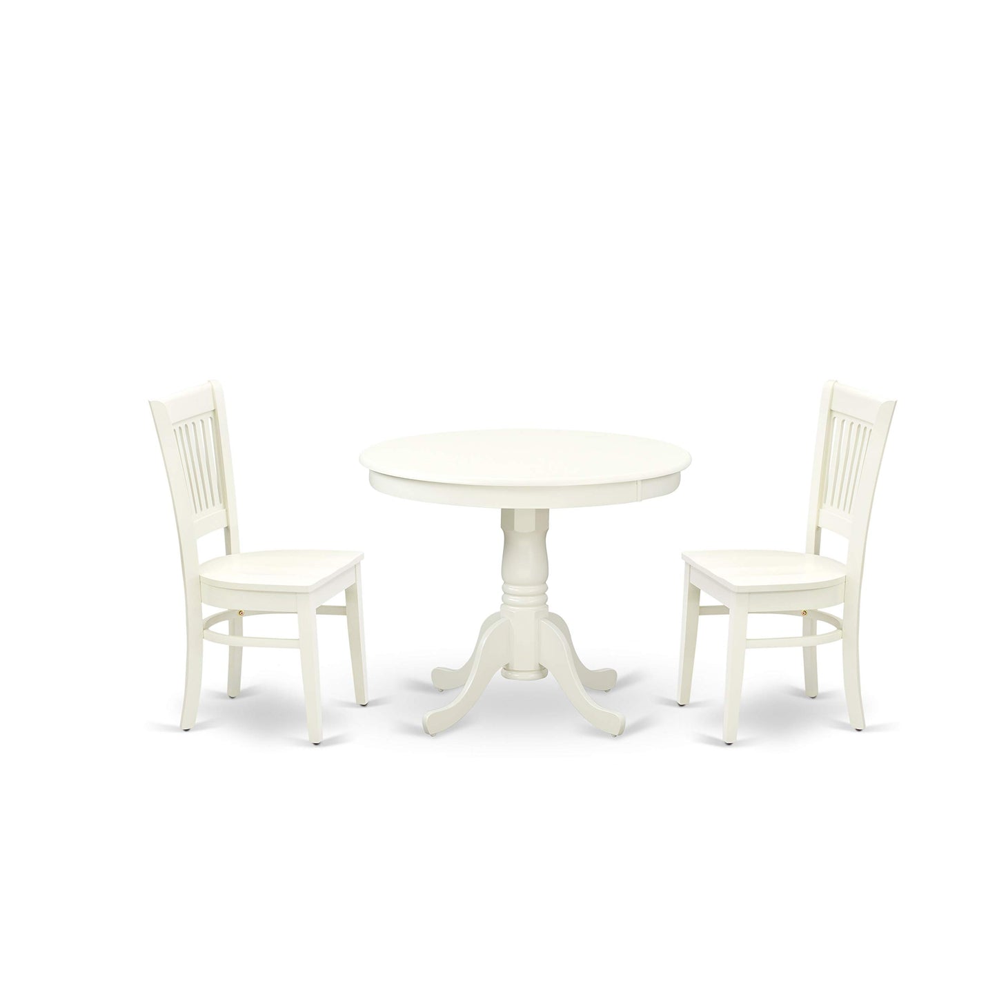 East West Furniture ANVA3-LWH-W 3 Piece Dining Room Furniture Set Contains a Round Dining Table with Pedestal and 2 Wood Seat Chairs, 36x36 Inch, Linen White - WoodArtSupply