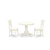 East West Furniture ANVA3-LWH-W 3 Piece Dining Room Furniture Set Contains a Round Dining Table with Pedestal and 2 Wood Seat Chairs, 36x36 Inch, Linen White East West Furniture