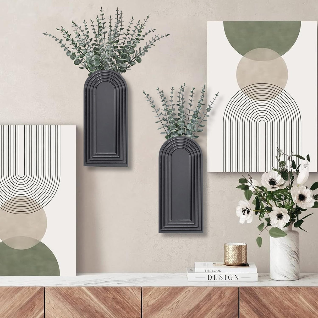 Dnnnii 2 Pack Wooden Wall Vase Set - Black Finish Modern Farmhouse & Boho Wall Decor for Entryway, Hallway, Bathroom, Living Room, Dining Room, Narrow Spaces Dnnnii