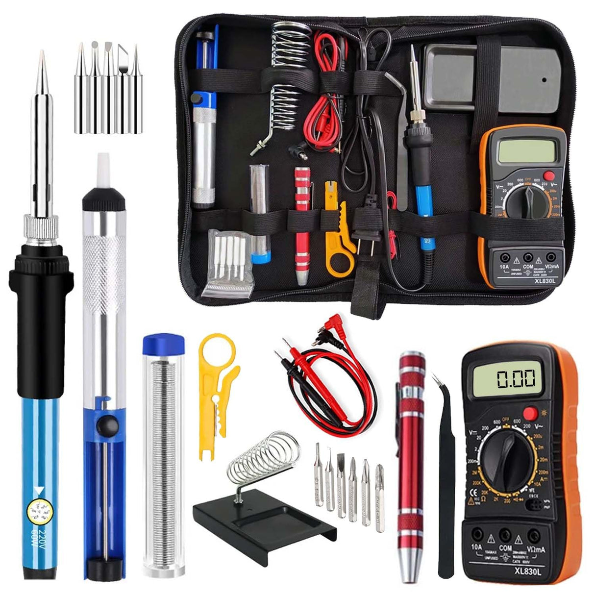 Electric Sodering Iron Kit set 110V 60W Adjustable Temperature Soldering Iron Digital Multimeter 5pcs Soldering Tips Solder Wire Stand, Desoldering Pump Tweezers Welding Tool Screwdriver wire stripper daGodtech