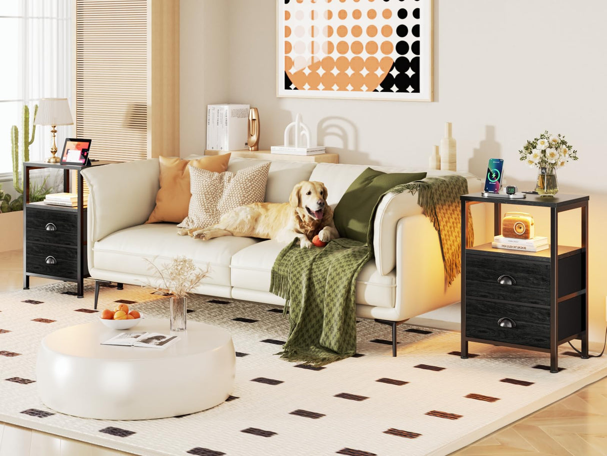 Furologee Nightstands with Charging Station, End Table with LED Lights, Black Night Stands with 2 Fabric Drawers, Bedside Tables with Shelves for Living Room/Bedroom,Black Oak Furologee