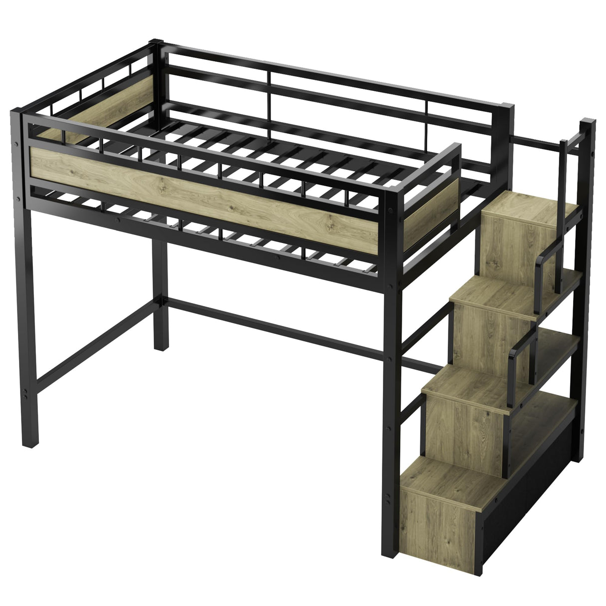 soges Twin Size Metal Loft Bed with Storage Stairs & Drawers,Space-Saving Heavy-Duty Bed Frame for Teens and Junior, No Box Spring Needed, Easy Assembly, Black soges