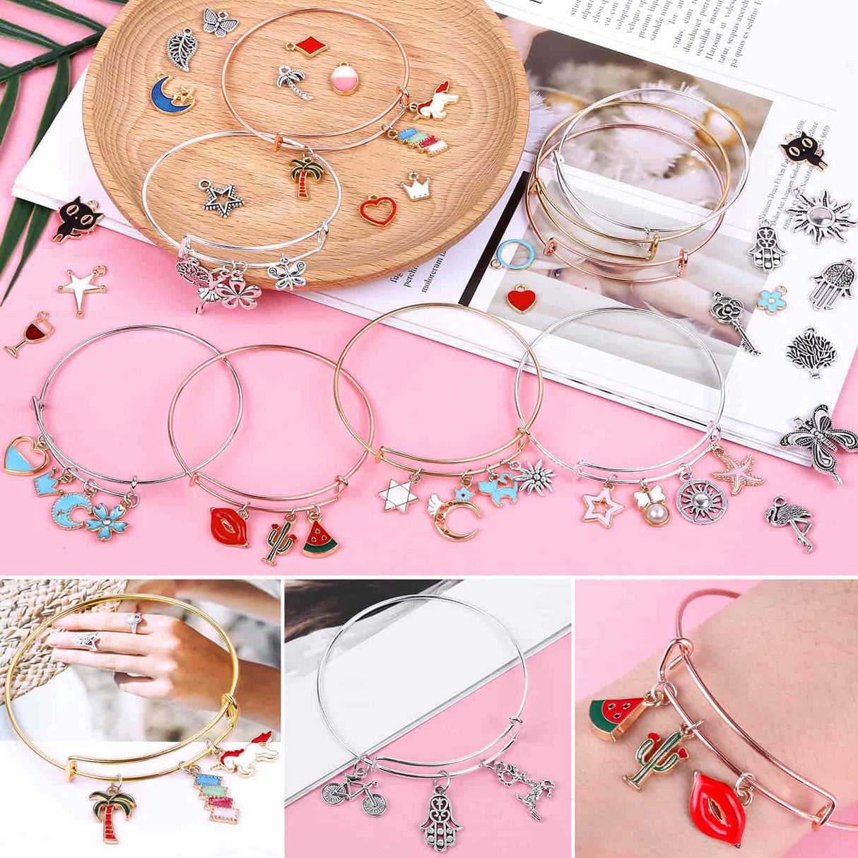 Thrilez 300Pcs Charm Bangle Bracelets Making Kit with Expandable Bangles, Charms, Jump Rings and Pliers for Jewelry Making Bangle Bracelets (with Gift Box and Tools) Thrilez