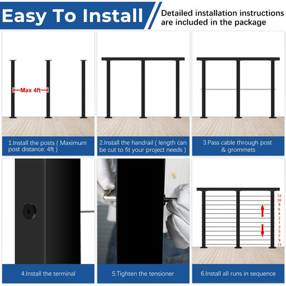 Zylorix 16ft-20ft Complete Set Cable Railing System, 42" Black T304 Stainless Steel Cable Railing Posts Kit with Adjustable Handrail Cable Rail, One-Stop Super Easy DIY for Outdoor Level Decks