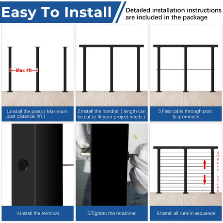 Zylorix 4ft-8ft Complete Set 42" Deck Cable Railing System with Handrail Adjustable, T304 Stainless Steel Black Level Drilled Cable Railing Posts Kit with 1/8" Cable Railing Hardware for Outdoors Zylorix