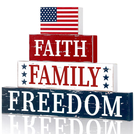 Chunful 4 Pieces 4th of July Wooden Block Patriotic American Wood Sign Independence Day Tiered Tray Decorations Patriotic Wood Decor for Home Table Decoration, 4 Sizes Chunful