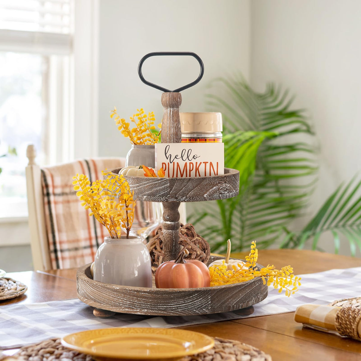 ASMPCUE 2 Tiered Tray Stand, Farmhouse Tiered Tray Stand with Metal Handle for Home Kitchen Decor, Wooden Rustic Two Tiered Serving Tray Coffee Table Tray for Holiday Decor, Tray ONLY(Rustic Wood) ASMPCUE