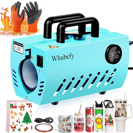 11-30 OZ Tumbler Heat Press Machine, Mug Heat Press DIY Sublimation for 11OZ 16OZ 20OZ Skinny Tumblers Glass/Ceramic/Aluminium Mug Coffee Cup 2.87-3.42in,Blue Cup Press with 20 Heat Papers/Tape/Gloves Whubefy