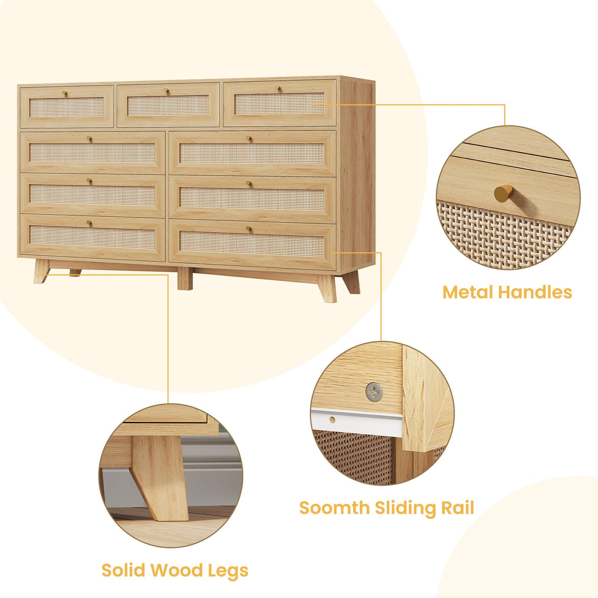 AOGLLATI Rattan Dresser for Bedroom with 9 Drawer, Modern Wooden Long Bedroom Dresser, Chest of Drawers with Metal Handle & Solid Wood Legs for Bedroom/Living Room, Wood AOGLLATI