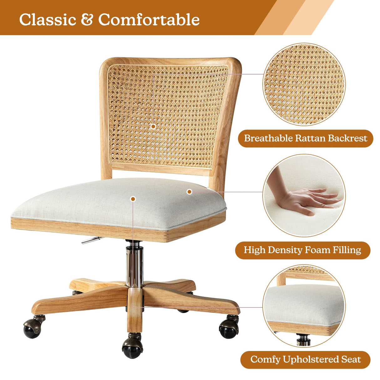 Modern Home Office Chair Comfortable Upholstered Armless Desk Chair, Adjustable Swivel Rolling Computer Chair with Rattan Mid-Back Support, Linen TINA'S HOME