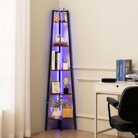 Yoobure Corner Shelf Stand, 5-Tier Corner Bookshelf with LED Light Corner Shelves for Bedroom, Tall Corner Book Shelf with Steel Frame Corner Bookcase Book Shelves Display Shelf for Living Room Office Yoobure