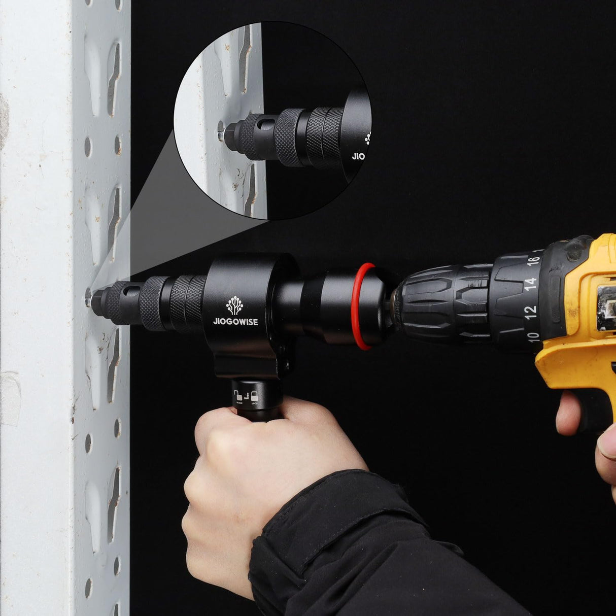 JIOGOWISE 2-in-1 Design Cordless Rivet Gun Adapter and Rivet Nut Adapter,Electric Drill Tools Accessory Kit with Carry Case,7 Metric Mandrels M3 to M12, 6 Rivet Heads 2.4mm to 6.4mm JIOGOWISE