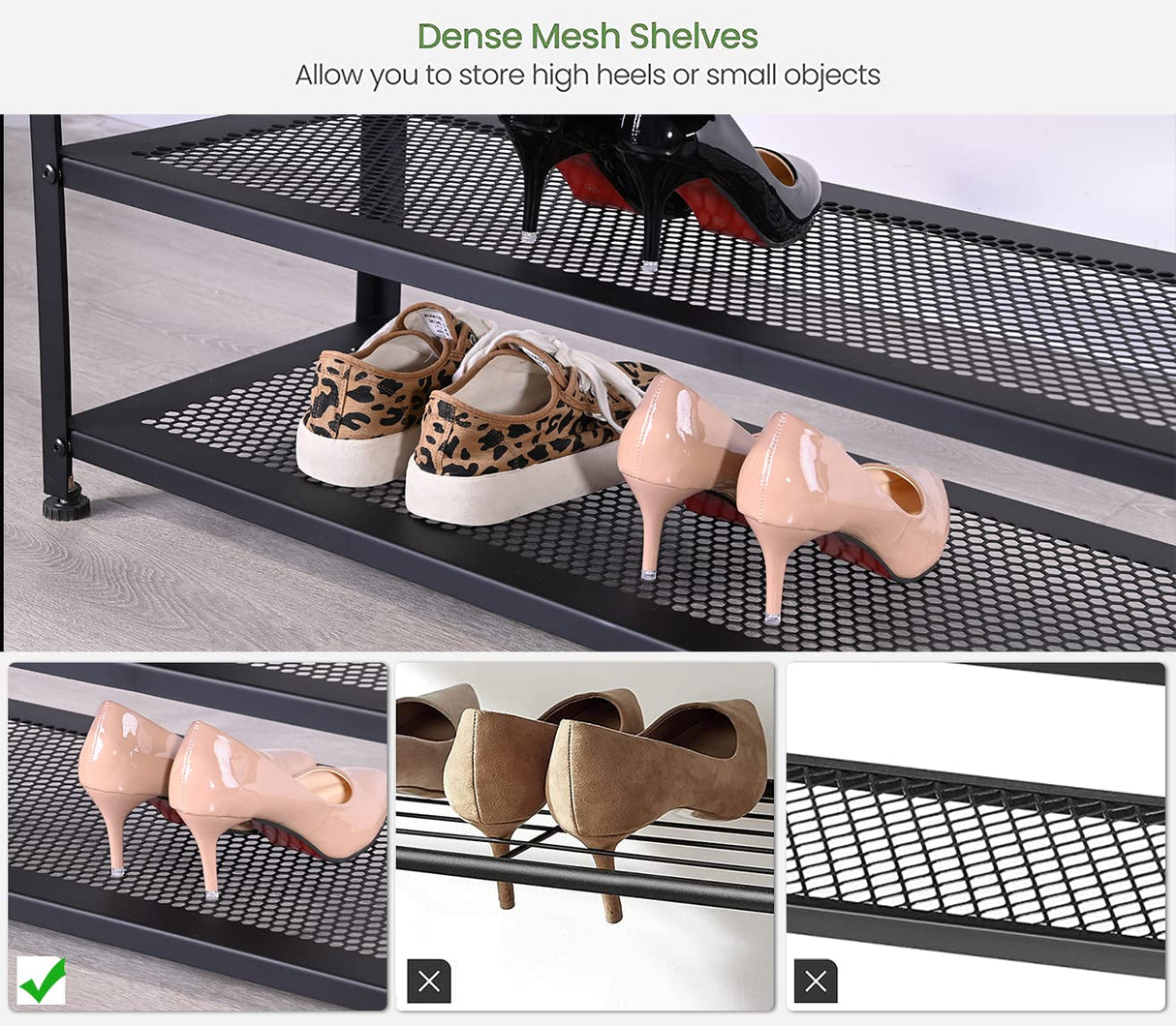 RokiaTek Shoe Bench 3-Tier Shoe Rack 39.4" for Entryway, Storage Organizer Entry Bench with Mesh Shelves Wood Seat for Hallway, Living Room, Steel Frame, Rustic Brown and Black RokiaTek