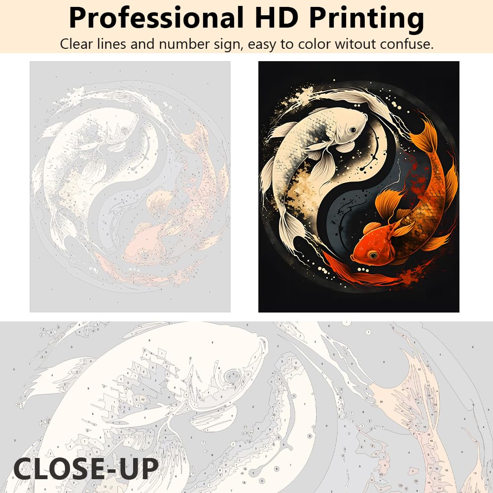 TUMOVO Paint by Numbers for Adults Beginner, Yin Yang Symbol with Koi Fish Paint by Numbers Paint by Number Kits DIY Painting Kits Paint by Numbers Framed, 16 x20 Inch, ZY03-PBN TUMOVO