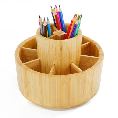 Utoplike Bamboo Rotating Art Supply Desk Organizer, Pencil Holder Organizer, Desktop Storage Caddy for Pen, Colored Pencil, Crayon, Paint Brushes, Art Studio&Office