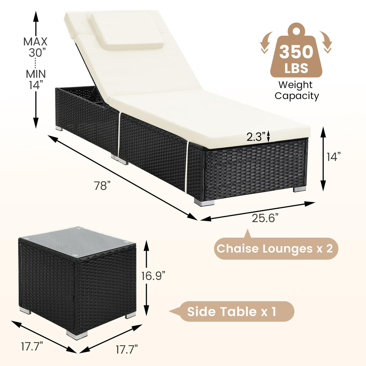 Murago 3 Piece Set, Includes 2 Wicker Chaise Lounge Chairs for Outdoors with Matching Side Table, Idea Oversized Reclining Patio Lounger with Washable Cushions, White Murago