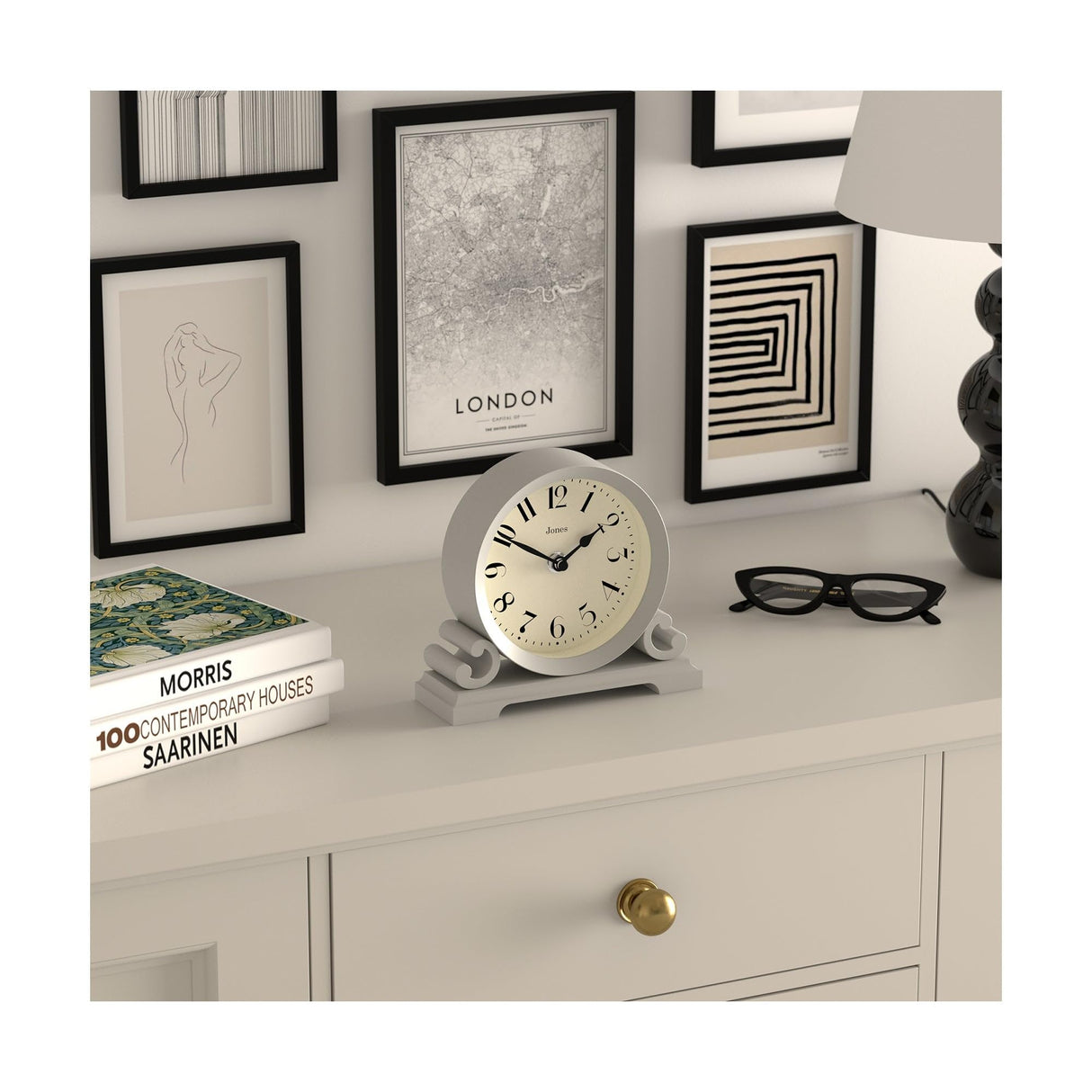 JONES CLOCKS® Saloon Mantel Clock |Traditional Double Scroll Design |French Navy |Contemporary Classic Style for Desk, Table, Shelf or Bedside JONES CLOCKS
