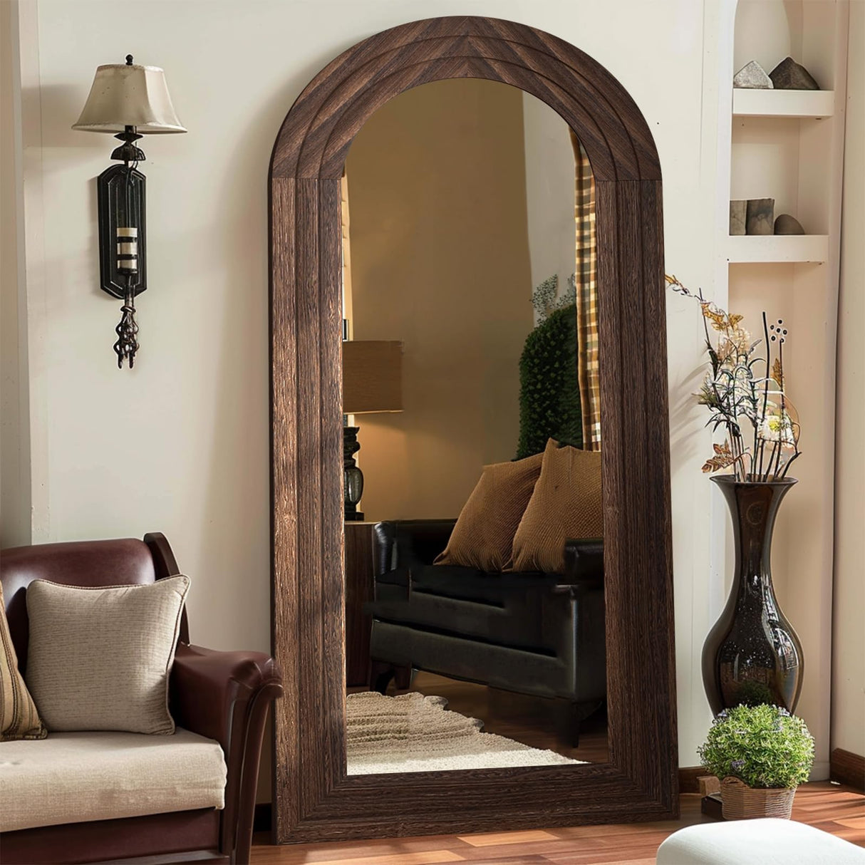 ZHUNFA Arched Full Length Mirror with Solid Wood Frame, 71x32 Farmhouse Wall Mounted Floor Mirror with Stand, Vertical Hanging, Leaning Standing for Bedroom, Living Room, Brown ZHUNFA
