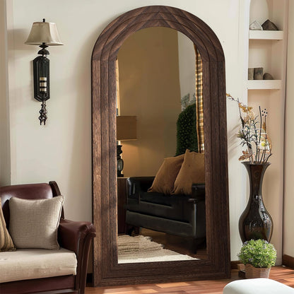 ZHUNFA Arched Full Length Mirror with Solid Wood Frame, 71x32 Farmhouse Wall Mounted Floor Mirror with Stand, Vertical Hanging, Leaning Standing for Bedroom, Living Room, Brown - WoodArtSupply