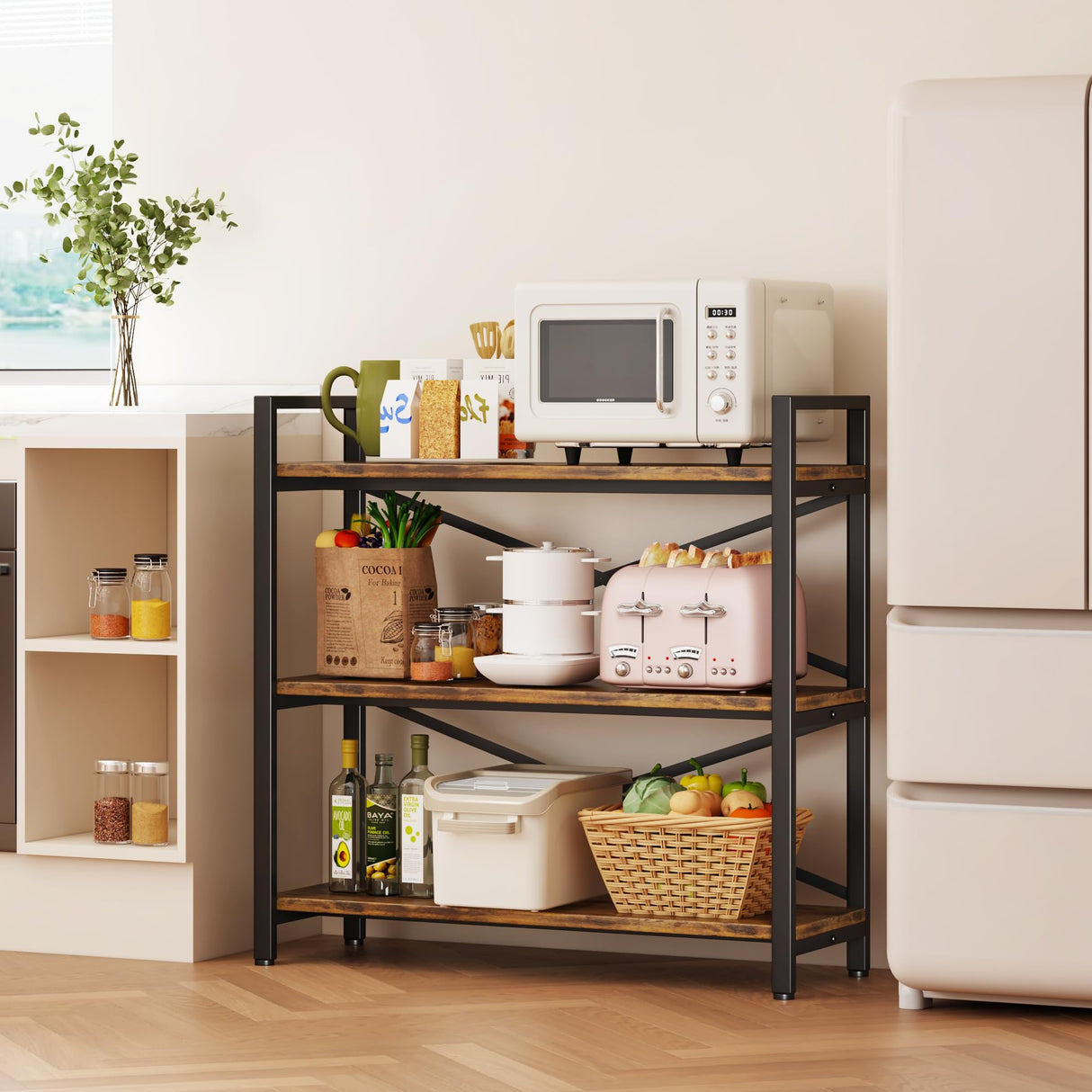 Homeiju 3 Tier Bookshelf 31.49" Width, Wood and Metal Etagere Bookcase, Vintage Farmhouse Modern Wooden Big Book Shelf for Home Living Room Bedroom Office Storage(Rustic Brown) Homeiju