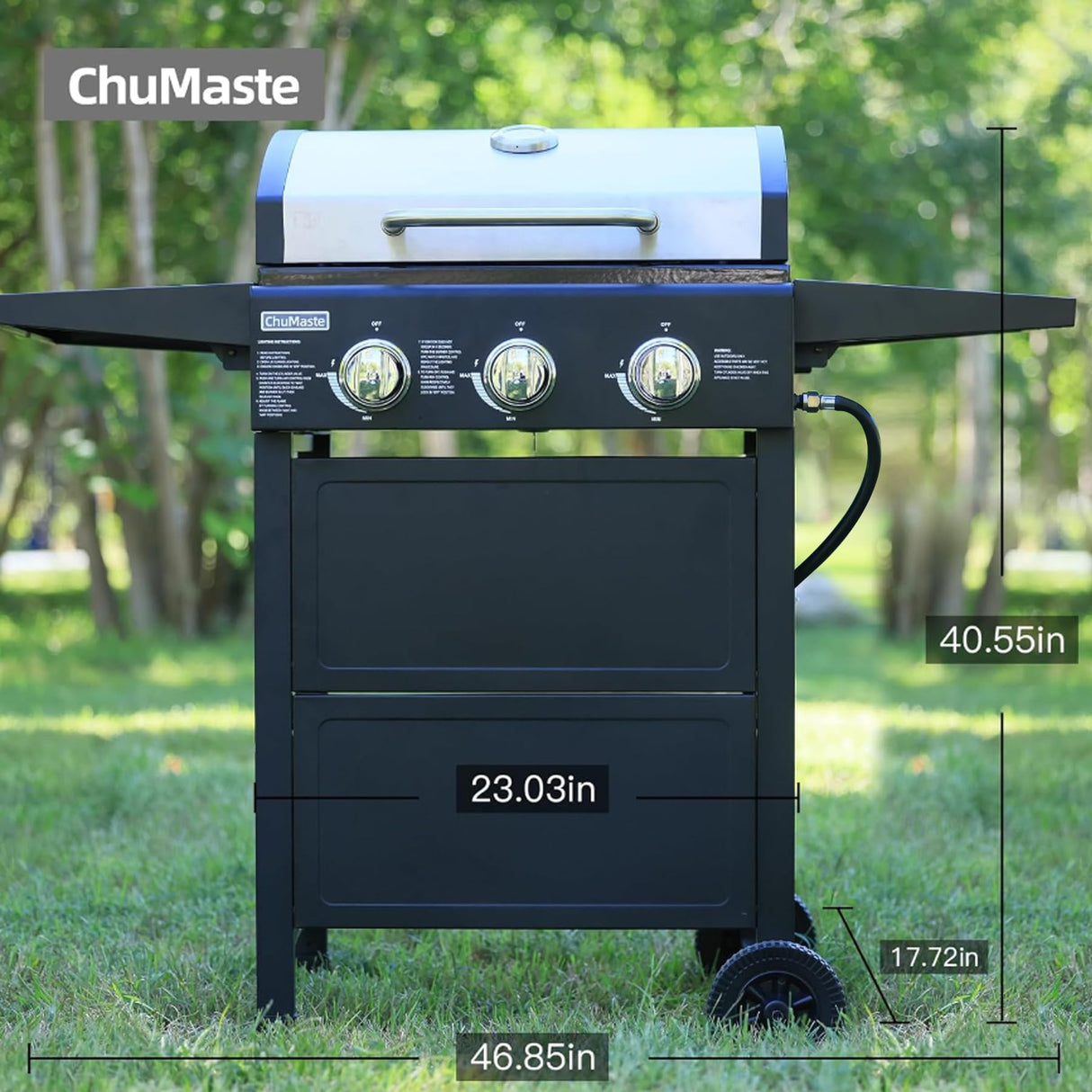 ChuMaste grill propane 3 burner gas grill, Propane grill, bbq grill with thermometer, gas grill outdoor for small gatherings, 30000 BTU barbecue grill with Foldable Rack. ChuMaste