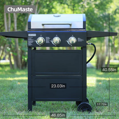 ChuMaste grill propane 3 burner gas grill, Propane grill, bbq grill with thermometer, gas grill outdoor for small gatherings, 30000 BTU barbecue grill with Foldable Rack.