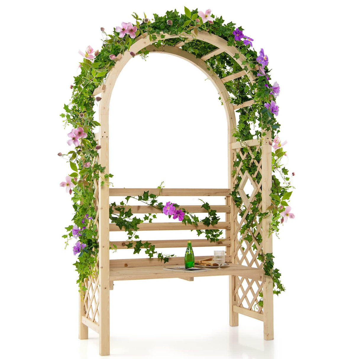Tangkula 81.5 Inch Wooden Arch with 2 Person Bench, Garden Arbor with Trellis for Climbing Plants, Fir Wood Outdoor Decoration Garden Archway for Vines, Flowers, Wedding, Bridal Party, Ceremony Tangkula