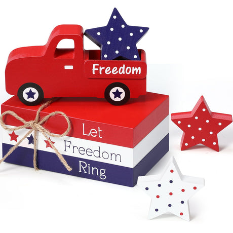 Marsui 5 Pieces Patriotic Table Decorations 4th of July Wood Blocks Let Freedom Ring Centerpieces American Wood Book Stacks for Independence Day Memorial Day Home Indoor Table Topper Tiered Tray Decor Marsui