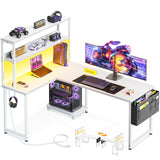 ODK 53 Inch L Shaped Desk with LED Lighting, Reversible Gaming Desk with Power Outlets, Cornor Computer Table with Storage Shelves & Bag & Iron Hook, Home Office Table for Writing, Study, White ODK
