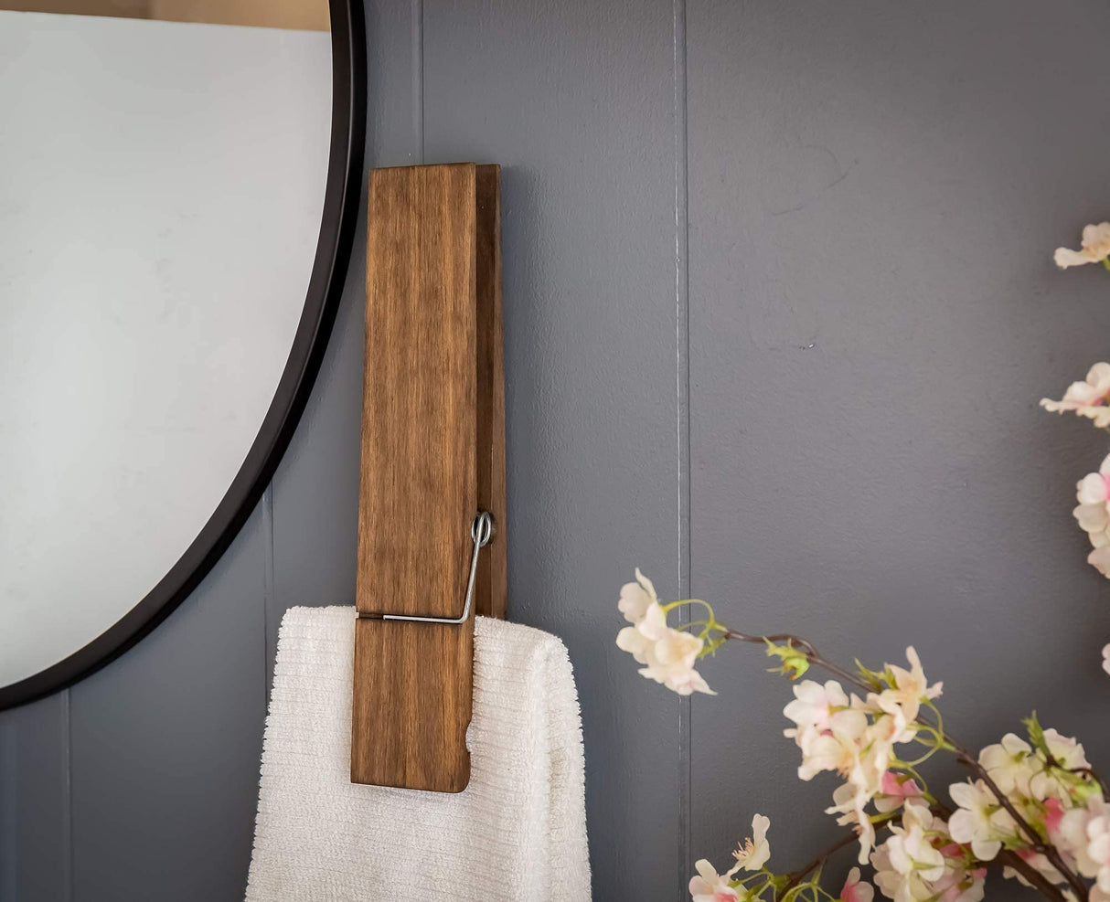 Giant Clothespin Bathroom Towel Holder | Huge 12” Clothes pin | Farmhouse bathroom décor | Laundry room or nursery décor | Towel Rack or Hook | Bathroom Accessories wall décor (Dark Walnut) BARWOOD