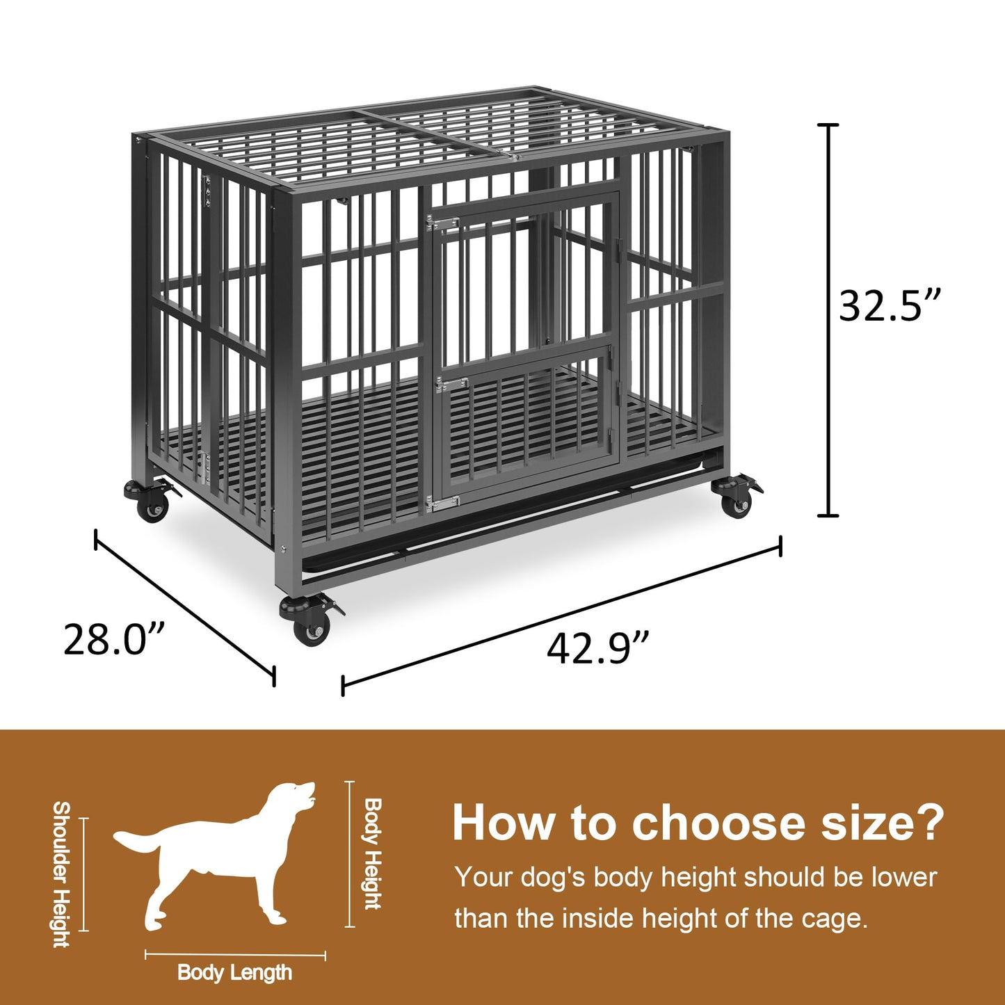 Polar Aurora Heavy Duty Dog Crate, Foldable Indestructible Dog Kennel, Escape Proof Extra Large Dog Cage with Lockable Wheels, High Anxiety Pet Playpen with Double Door for Indoor/Outdoor Use. (43in)