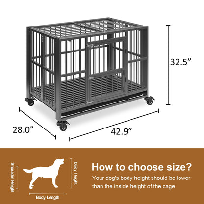 Polar Aurora Heavy Duty Dog Crate, Foldable Indestructible Dog Kennel, Escape Proof Extra Large Dog Cage with Lockable Wheels, High Anxiety Pet Playpen with Double Door for Indoor/Outdoor Use. (43in)