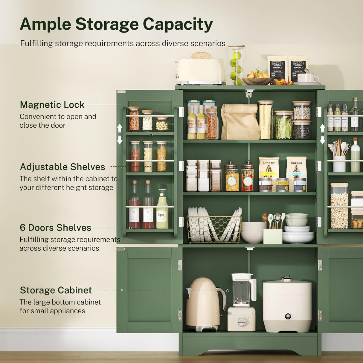 TEENFON 43" H Storage Cabinet with 4 Doors, Kitchen Cabinet with 6 Door Shelves, Kitchen Pantry Cabinets for Living Room, Dining Room, Bathroom, Forest Green TEENFON