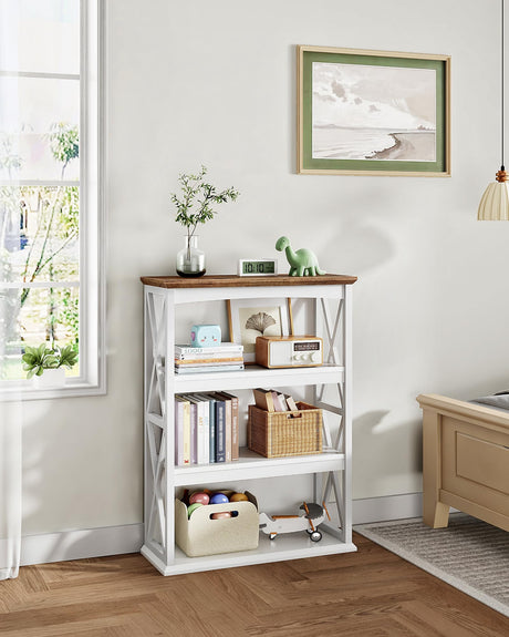 CHOEZON 4-Tier Bookcase, 42.9" Floor Standing Organizer Shelf, Corner Book Stand, Metal Frame, for Study, Bedroom, Living Room, White and Walnut TSJ01WL CHOEZON