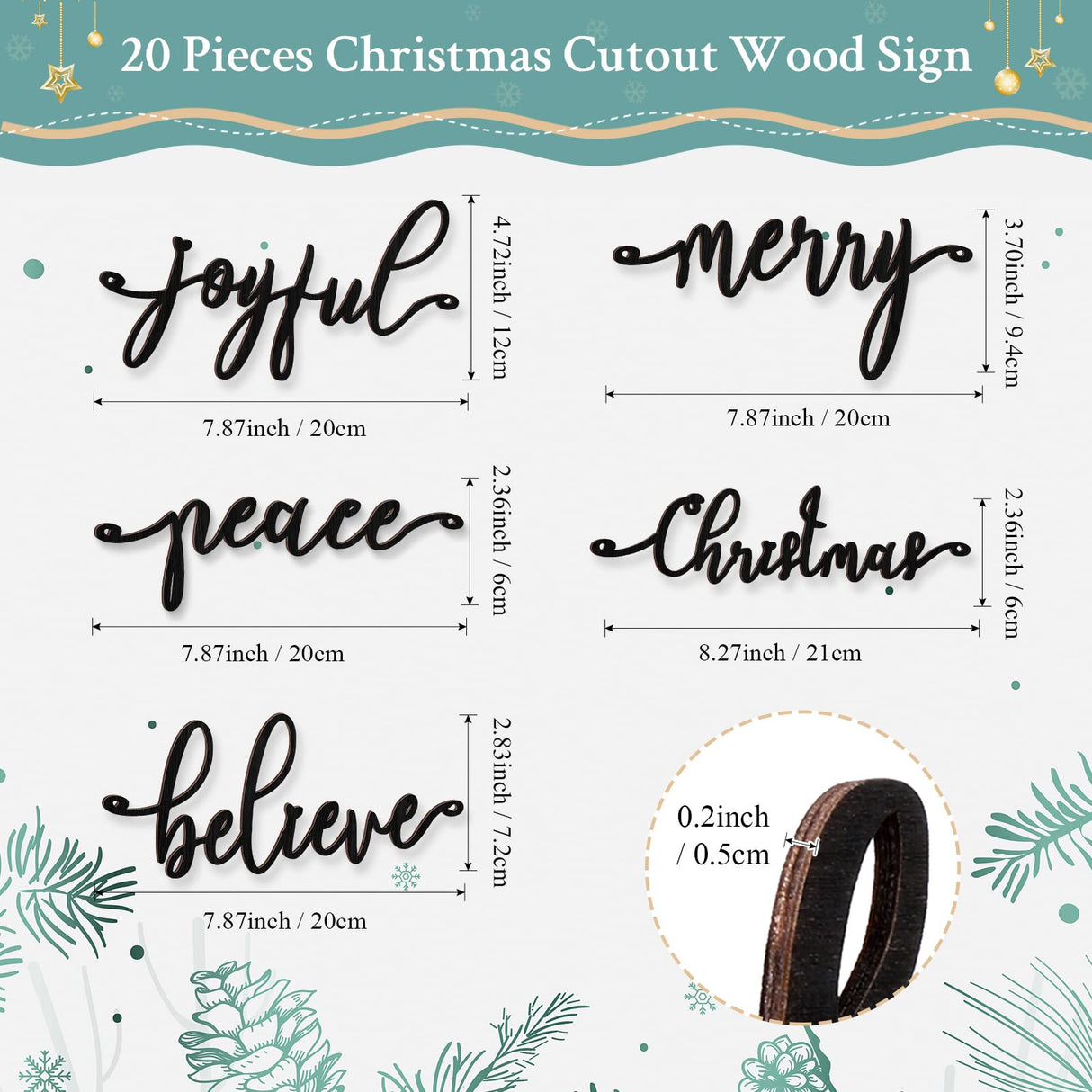 20 Pcs Merry Christmas Sign Xmas Wooden Cutout Letter Plate Ornaments Rustic Merry Sign Christmas Wooden Sign Table Decors Joyful Peace Believe Cutout Plates Ornament for Home Christmas(Black) Jetec