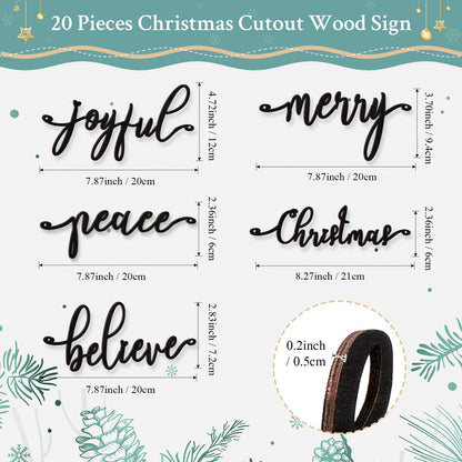 20 Pcs Merry Christmas Sign Xmas Wooden Cutout Letter Plate Ornaments Rustic Merry Sign Christmas Wooden Sign Table Decors Joyful Peace Believe Cutout Plates Ornament for Home Christmas(Black)