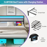 CLIBFENG Queen Bed Frame with Headboard,Heavy Duty Steel Slats Support-LED Bed Frame with USB Charging Station,Metal Platform Bed Frame-Under Bed Storage, No Box Spring Needed, Noise Free,Black CLIBFENG