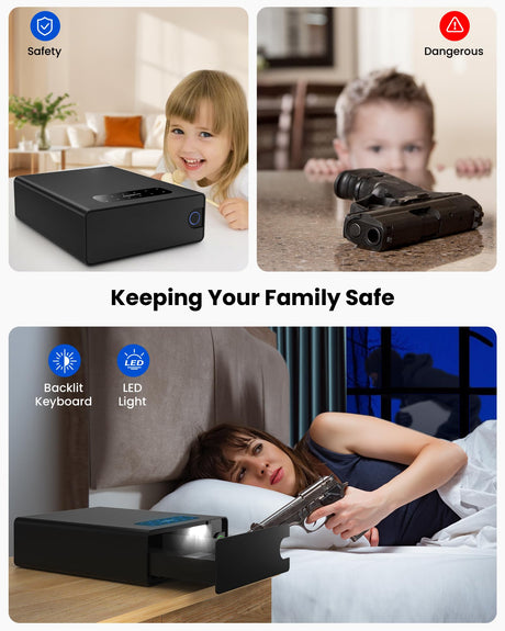 EAMIRUO Biometric Gun Safe for Pistols - Slide-Away Handgun Safe 3 Ways Quick Access with Fingerprint, Password and Key, Drawer Gun Safe for Home Bedsise Nightstand Car EAMIRUO