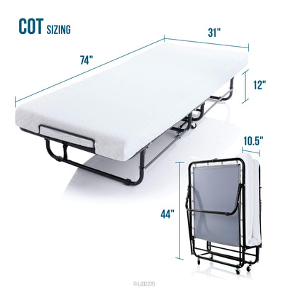 Lucid Rollaway Folding Guest Bed with 4 Inch Memory Foam Mattress- Rolling Cot- Easy Storage-Cot Size Bed