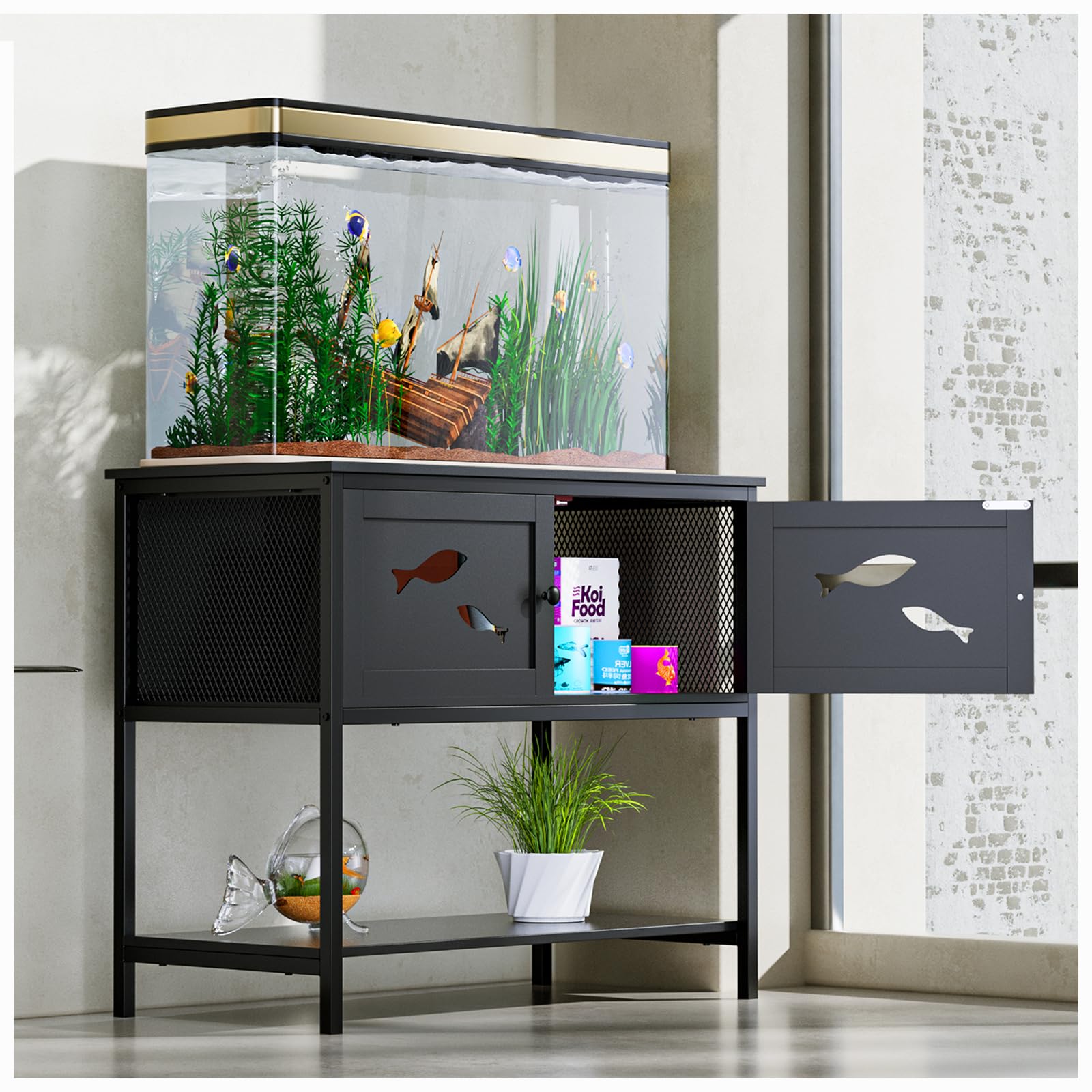 LiebeRen Fish Tank Stand,Aquarium Stand, 40 Gallon Tank Stand, Fashion Black Aquarium Stand, Fish Tank Stand with Cabinet (36.6" L x 18.5" W x 31.5" H) - WoodArtSupply