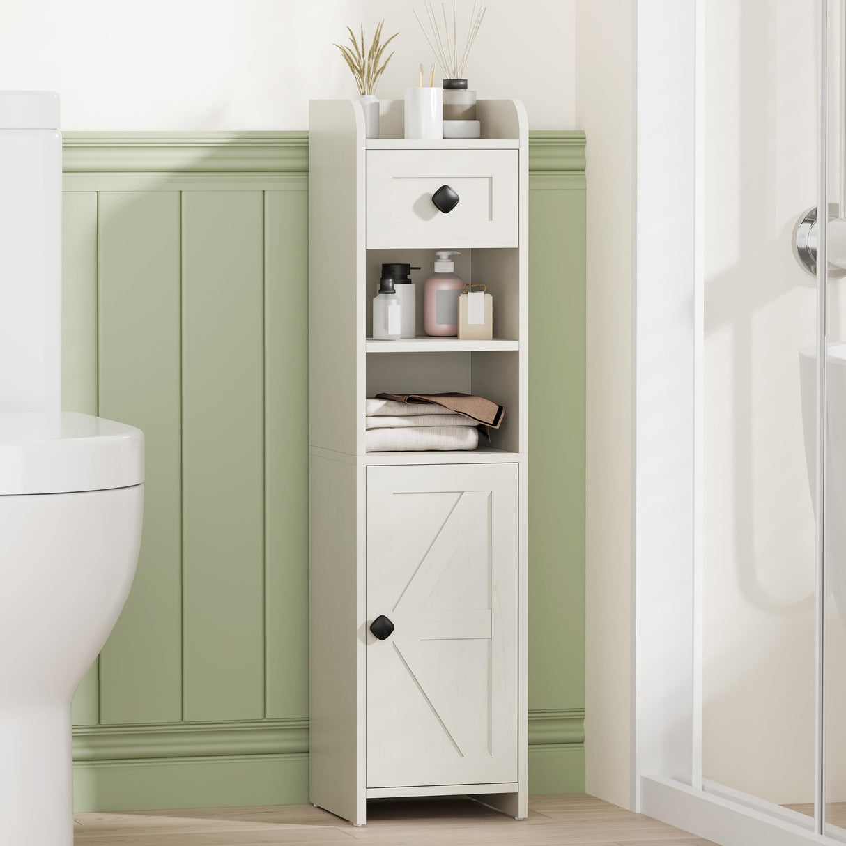 BEWISHOME Bathroom Storage Cabinet, Small Corner Floor Cabinet, Narrow Bathroom Organizers and Storage with Drawer for Small Spaces, 7.9 x 7.9 x 31.5 Inches Antique White YYG05W BEWISHOME