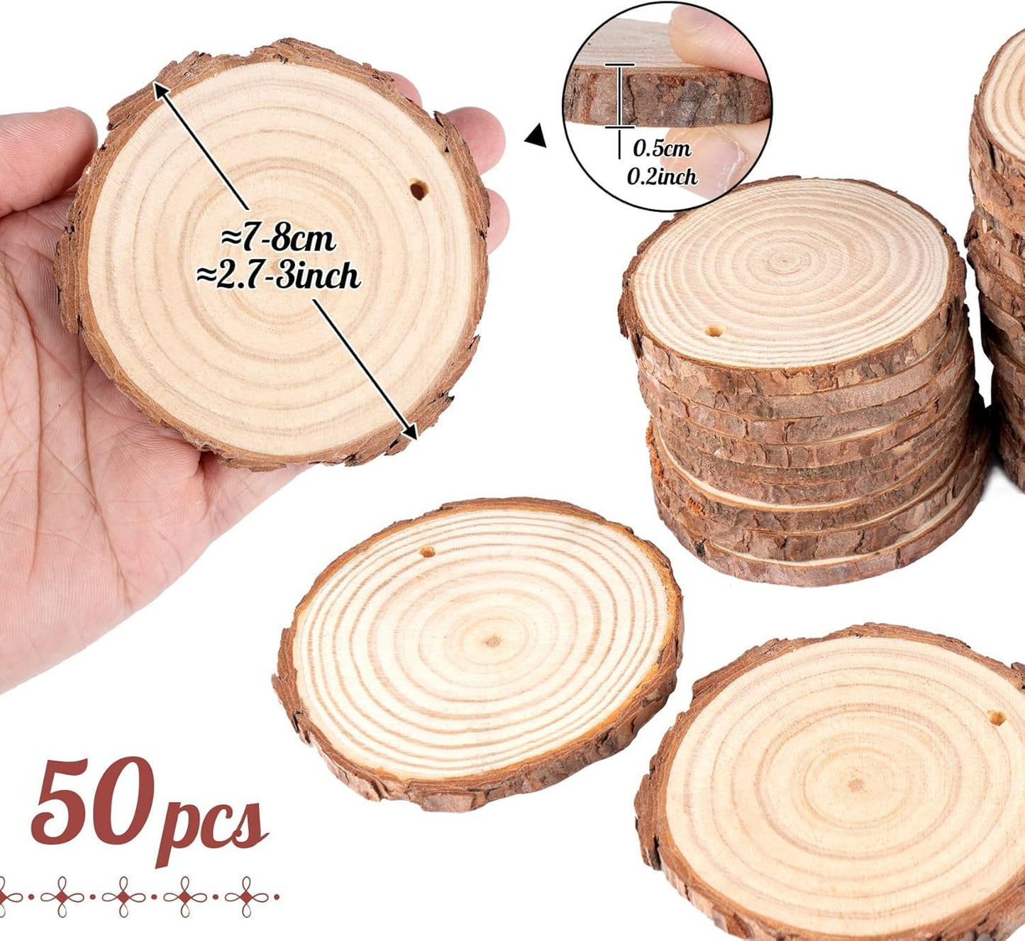 ilauke Wood Slices, 50PCS 2.4"-2.8" Unfinished Natural Wooden Christmas Ornaments Kit with Pre-drilled Hole, Acrylic Paint Pattern Stencils, DIY Crafts for Xmas Ornaments Party Holiday Decor